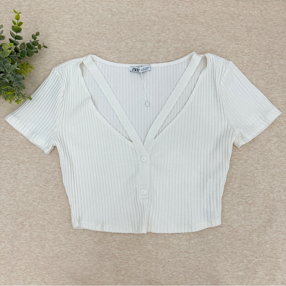 Zara Women’s Cream Ribbed V-Neck Button Viscose Crop Top Size L